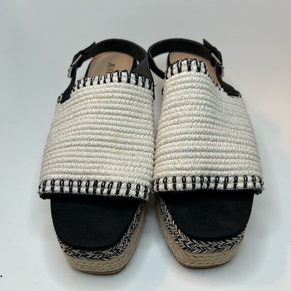 Just Fab Espadrille Woven Black & Cream Open Toe Platform Wedge Size 9 - Picture 9 of 10